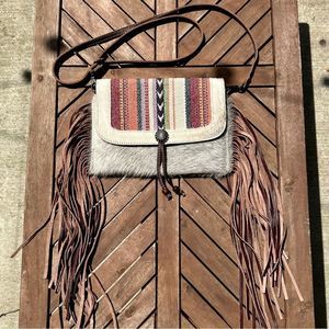 Myra Bag Aztec Canvas Stripes Cowhide Western Crossbody With Long Leather Fringe